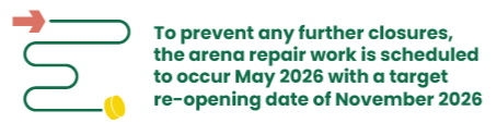 Announcement about scheduling arena repair work for May 2026, with a target reopening in November 2026.
