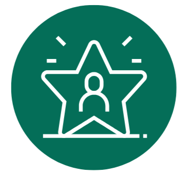 A white outline of a person inside a star with small lines indicating emphasis on a green circular background.