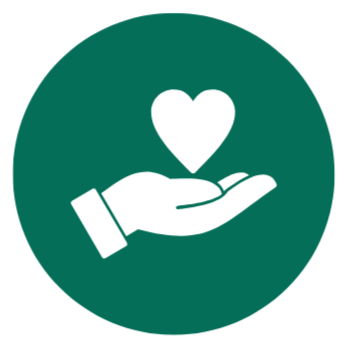 An illustration of a hand holding a heart inside a green circular background.