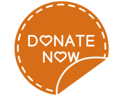 Orange circular sticker with the words 'DONATE NOW' and heart symbols in place of the letter 'O'.