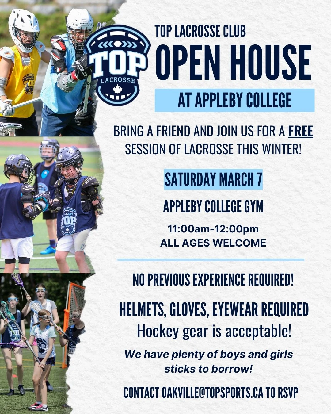 🥍 Grab a friend and join us on Saturday March 7th for our first TOP Lacrosse Open House at Appleby College School from 11am-12pm!

🔹 FREE lacrosse session at Appleby College
🔹 1 hour of skills, drills, games and more
🔹 No lacrosse experience requ