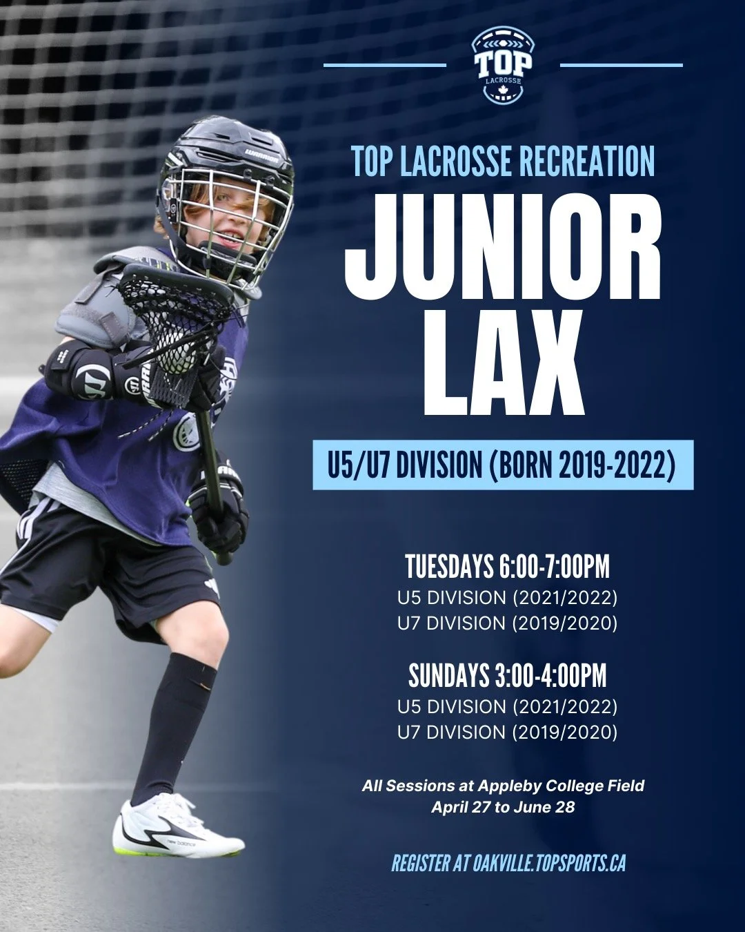 🥍 Program Spotlight: Junior Lax🥍

Starting April 25th, Junior Lax is the first step in the TOP Lacrosse Player Pathway and offers a great opportunity for kids, ages 4-7, to learn the basics of lacrosse in a fun-filled and energetic environment with