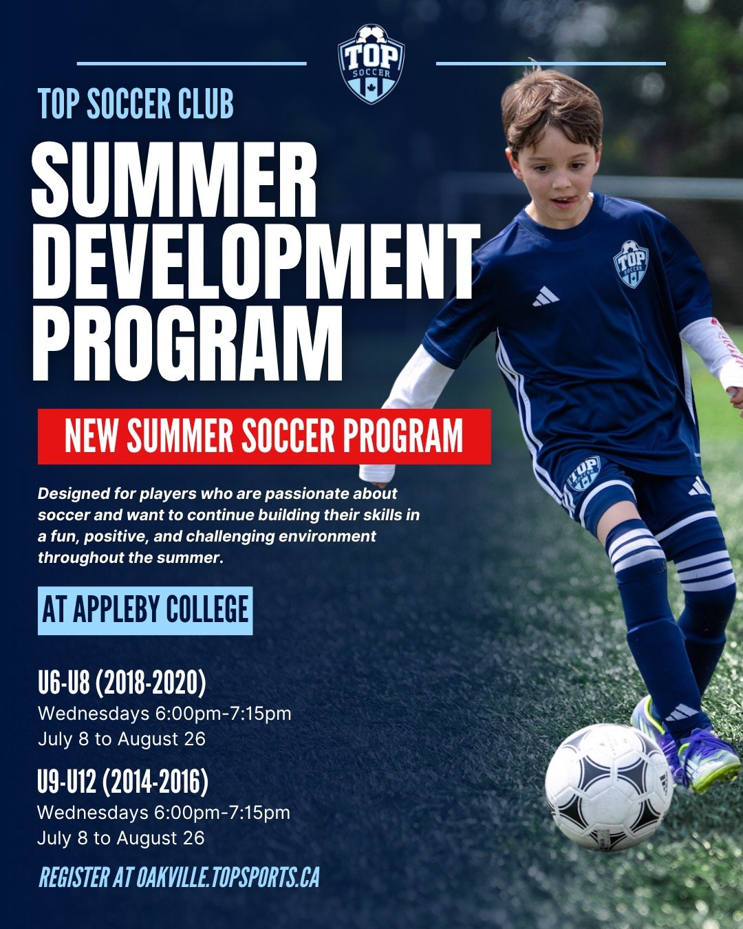 🚨NEW PROGRAM ALERT🚨

Launching for Summer 2026, TOP Soccer will be offering a brand-new soccer experience for players in Oakville and Halton to help build and bolster their soccer skills throughout the summer!

Designed for boys and girls ages 6-12