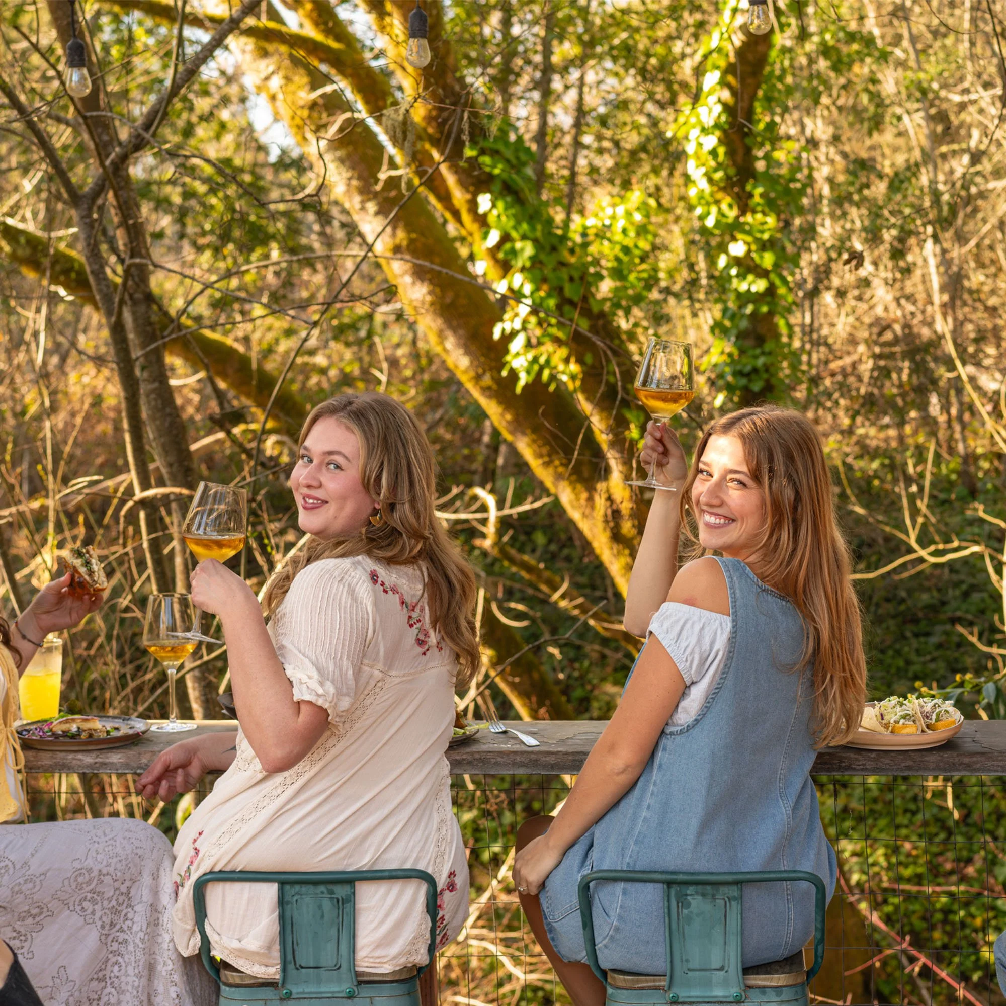 guests enjoying wine on the patio with creekside seating