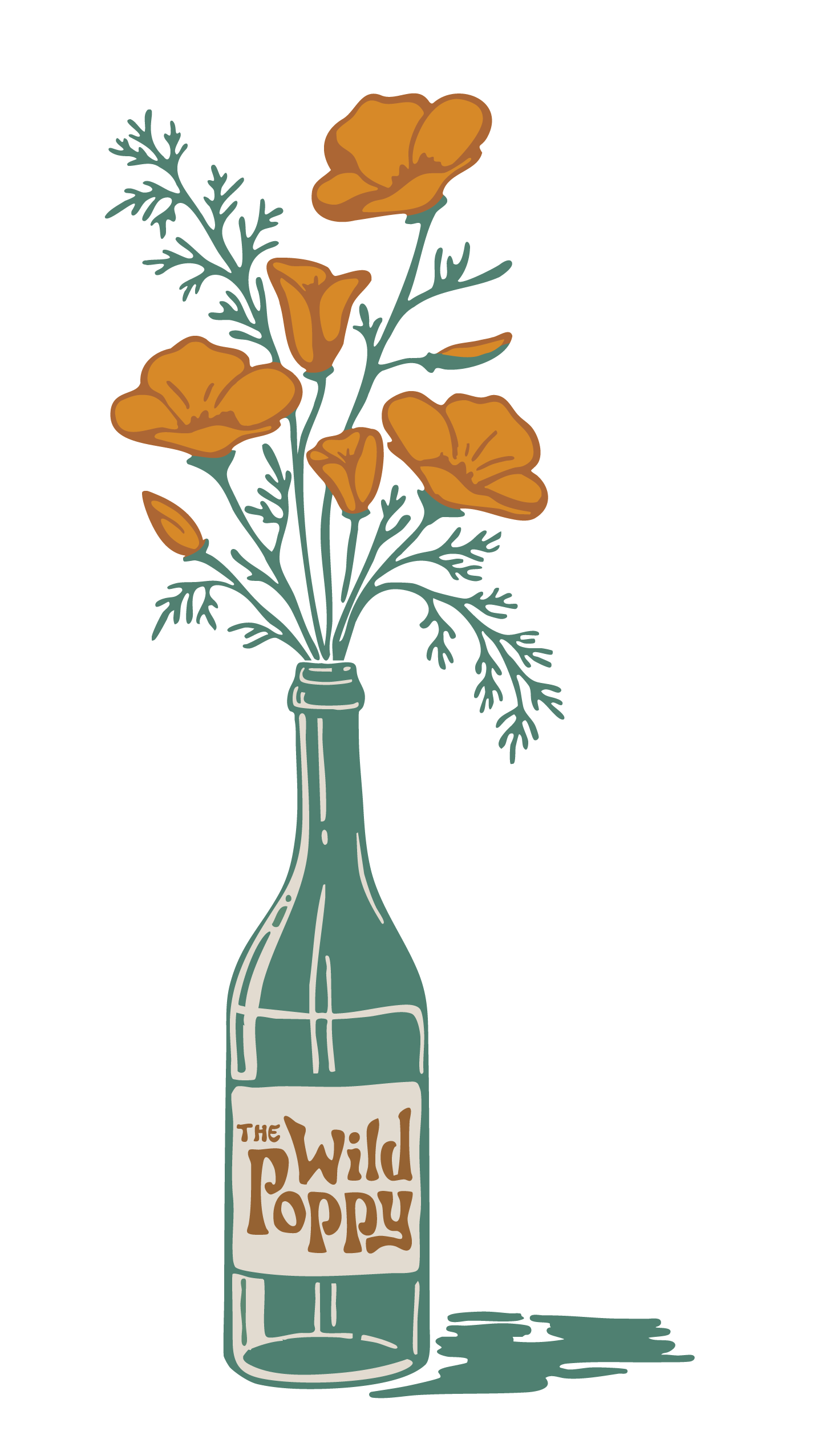 simple color illustration of wine bottle filled with poppies and logo on label