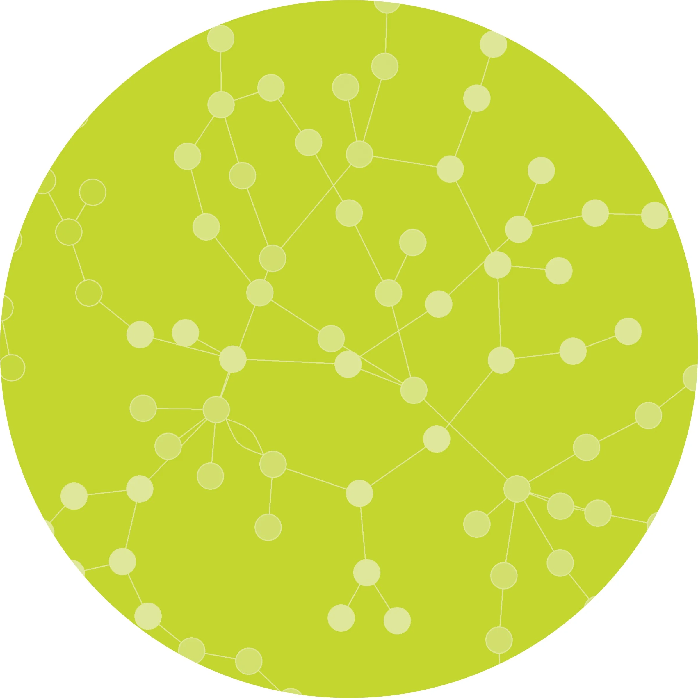 A circular pattern with interconnected lines and dots on a green background, resembling a network or molecular structure.