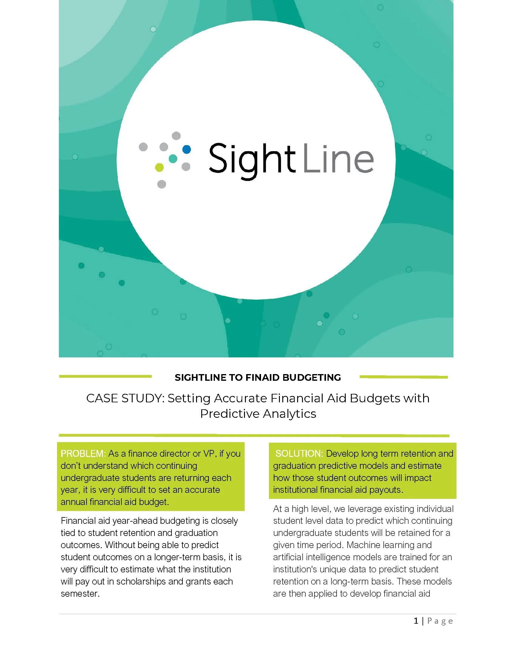 Cover page of a report with the logo 'SightLine' and the title 'SightLine to FINAID Budgeting,' including a case study on setting accurate financial aid budgets with predictive analytics, highlighting problems related to undergraduate students' return and institutional budget prediction.