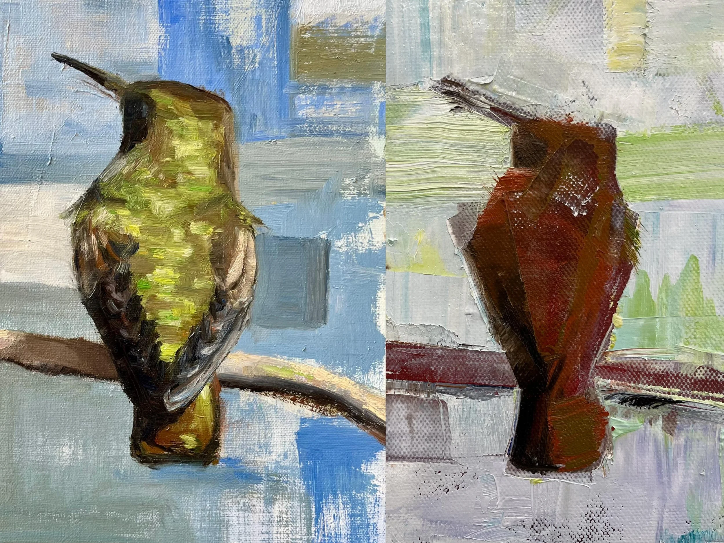 It&rsquo;s already June and summer is almost here ☀️ These two paintings are the same Anna&rsquo;s Hummingbird, just at different stages of painting 🎨

This hummingbird taking a moment of pause from flying is amazing and quite comforting to witness 