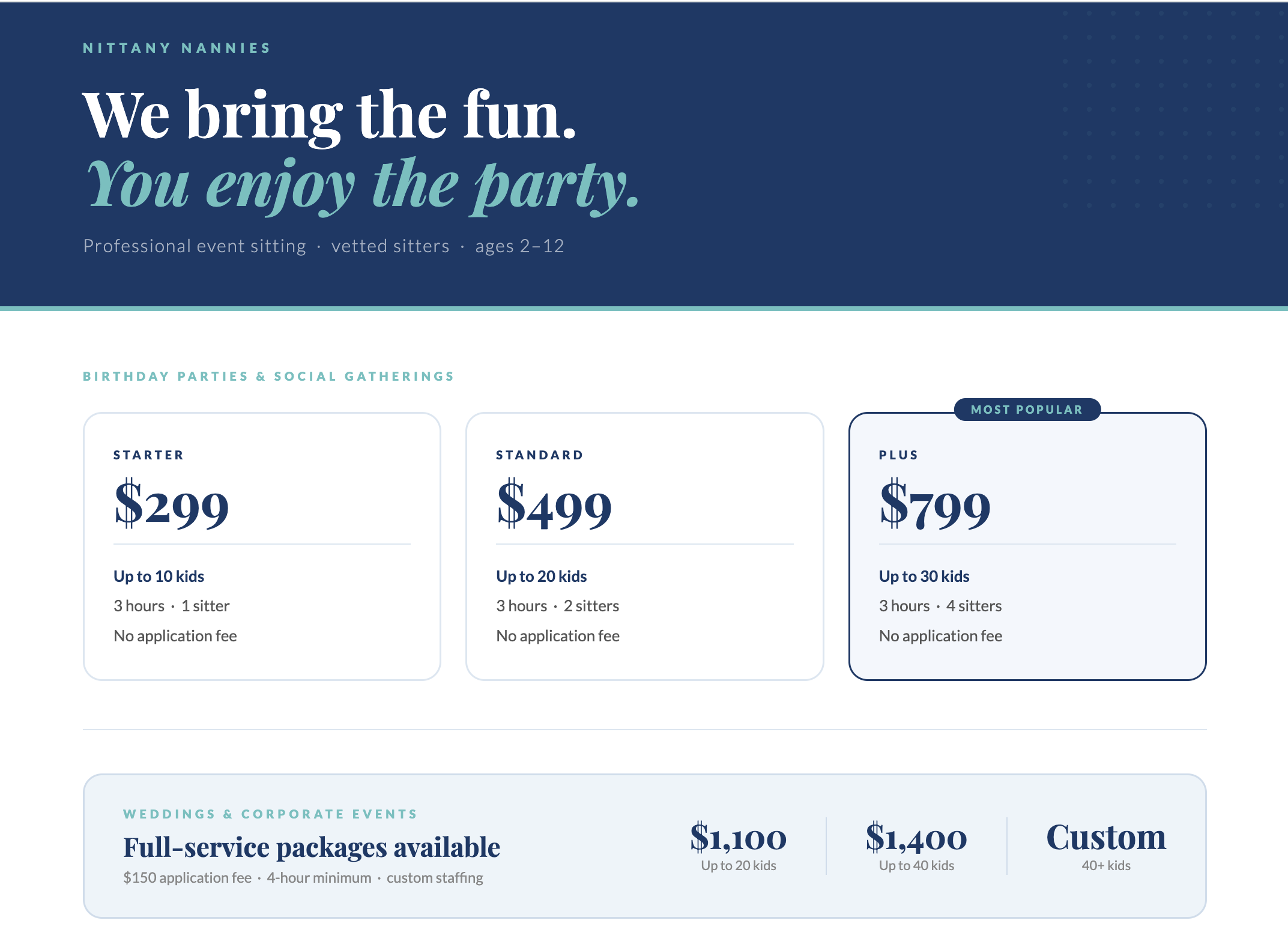 Pricing and services for children's parties, with packages for starter at $299, standard at $499, and plus at $799, including details about the number of kids, hours, and sitters.