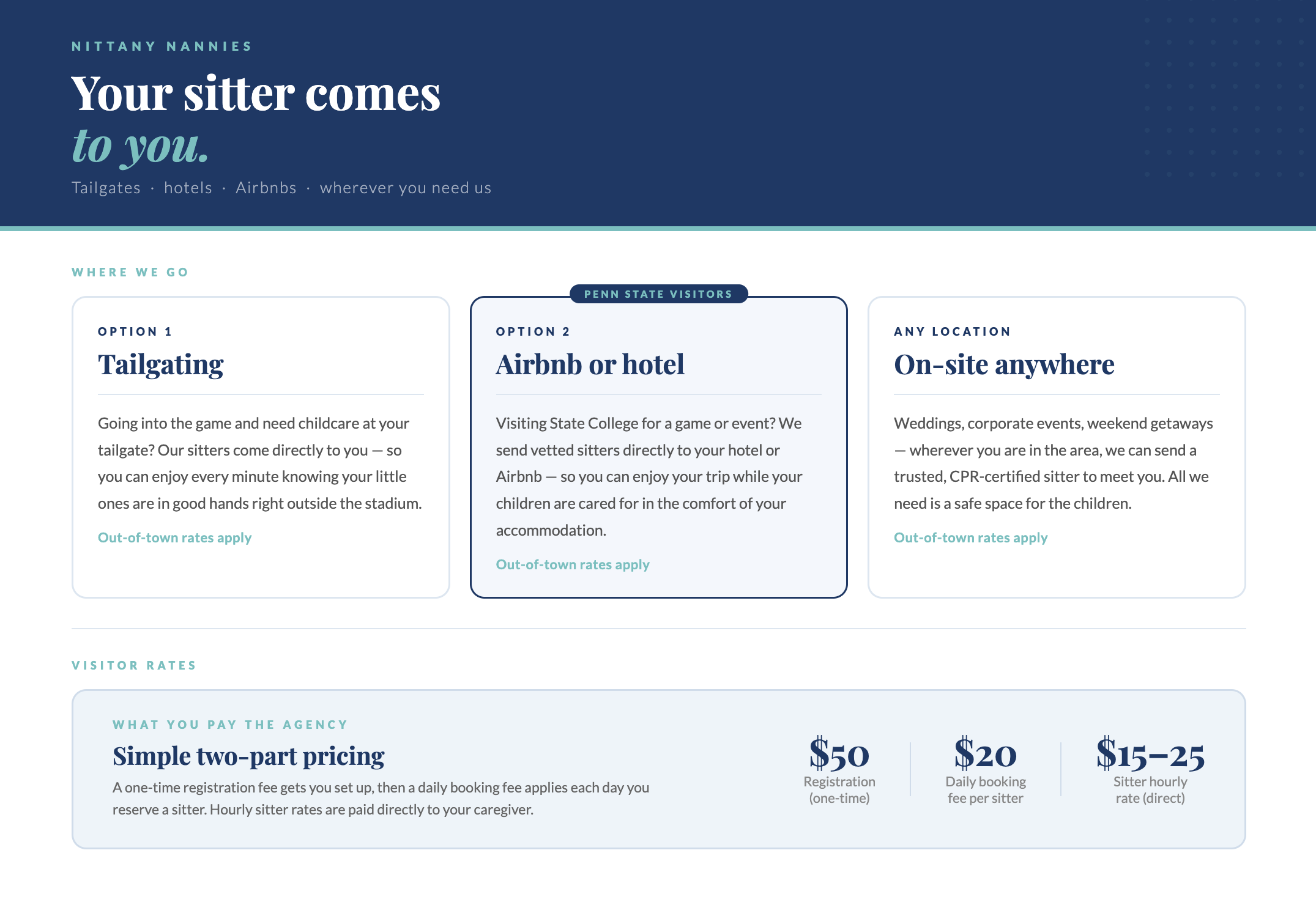Nittany Nannies out of town sitting — tailgate, hotel, and Airbnb childcare in State College PA