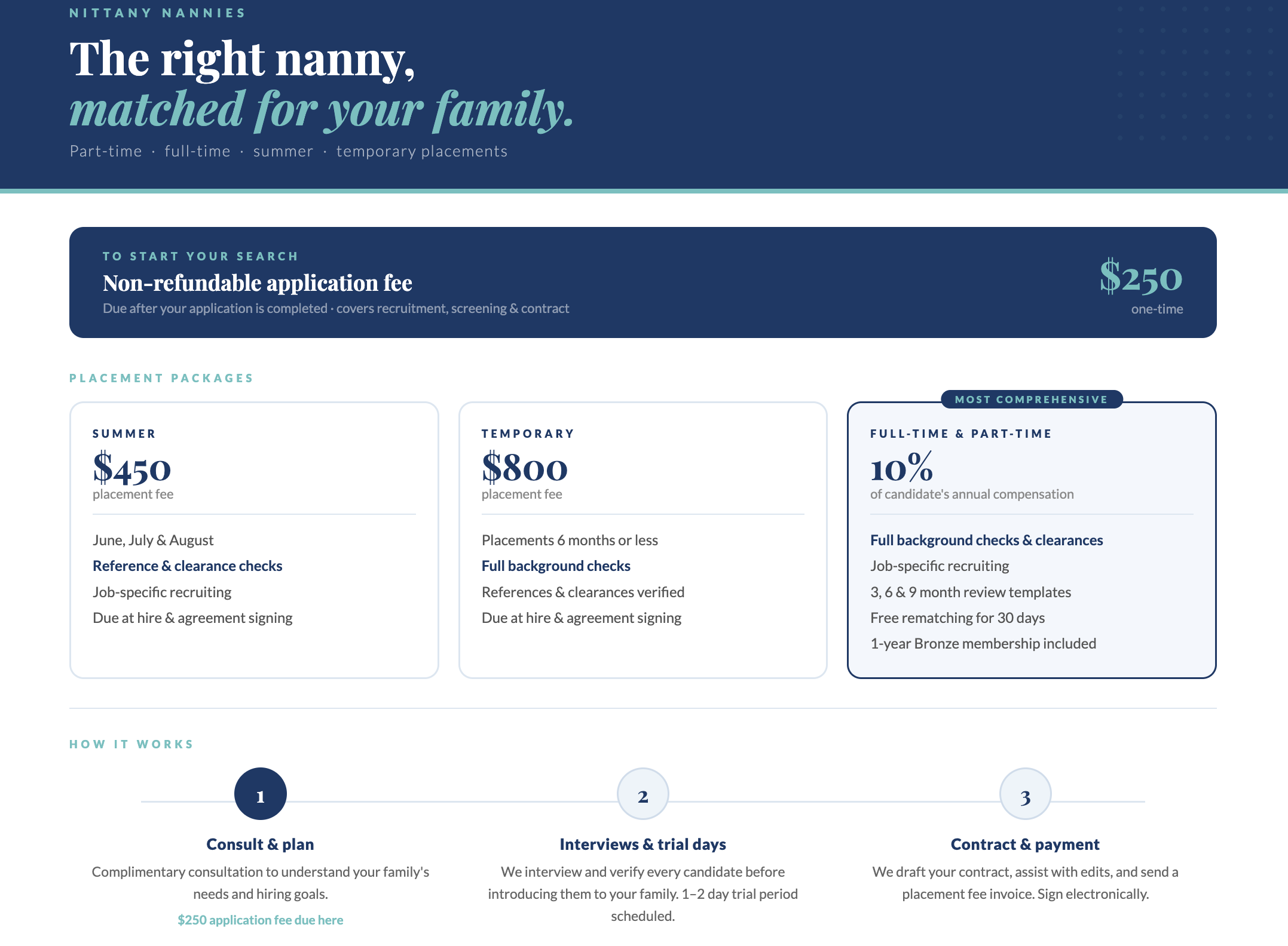 Nittany Nannies nanny placement pricing — summer, temporary, and full-time nanny packages in State College PA