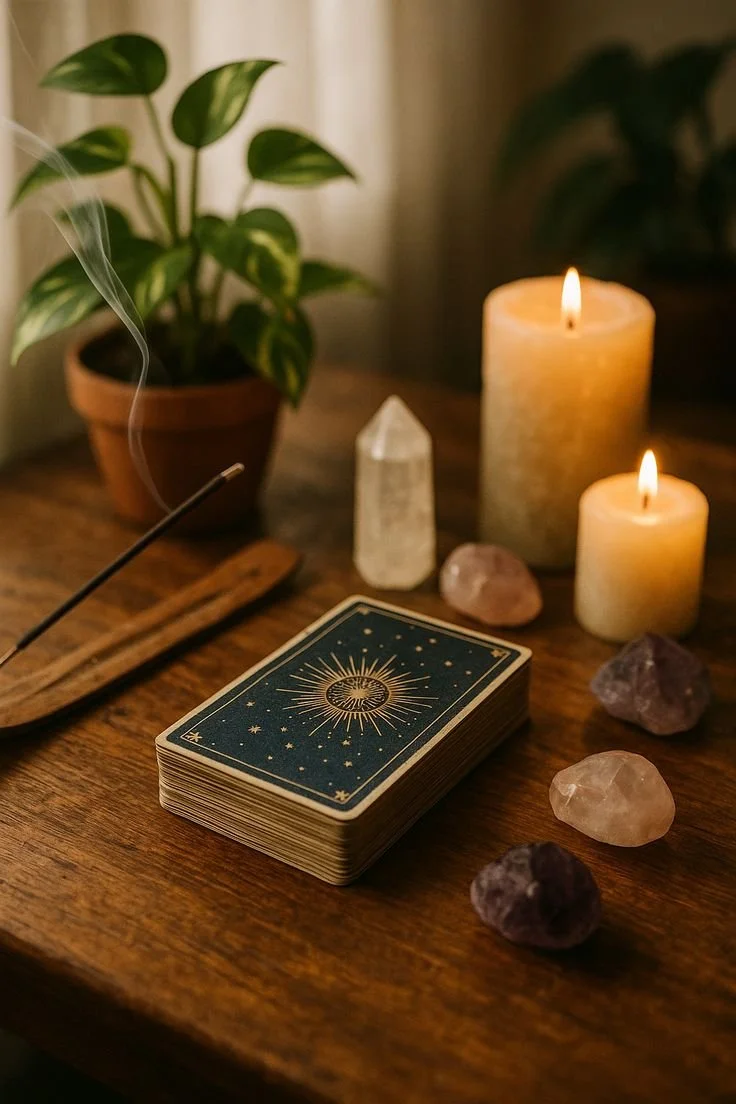 A Tarot card deck with a dark blue back featuring a celestial design, crystal stones, lit candles, a potted plant, and incense on a wooden table.