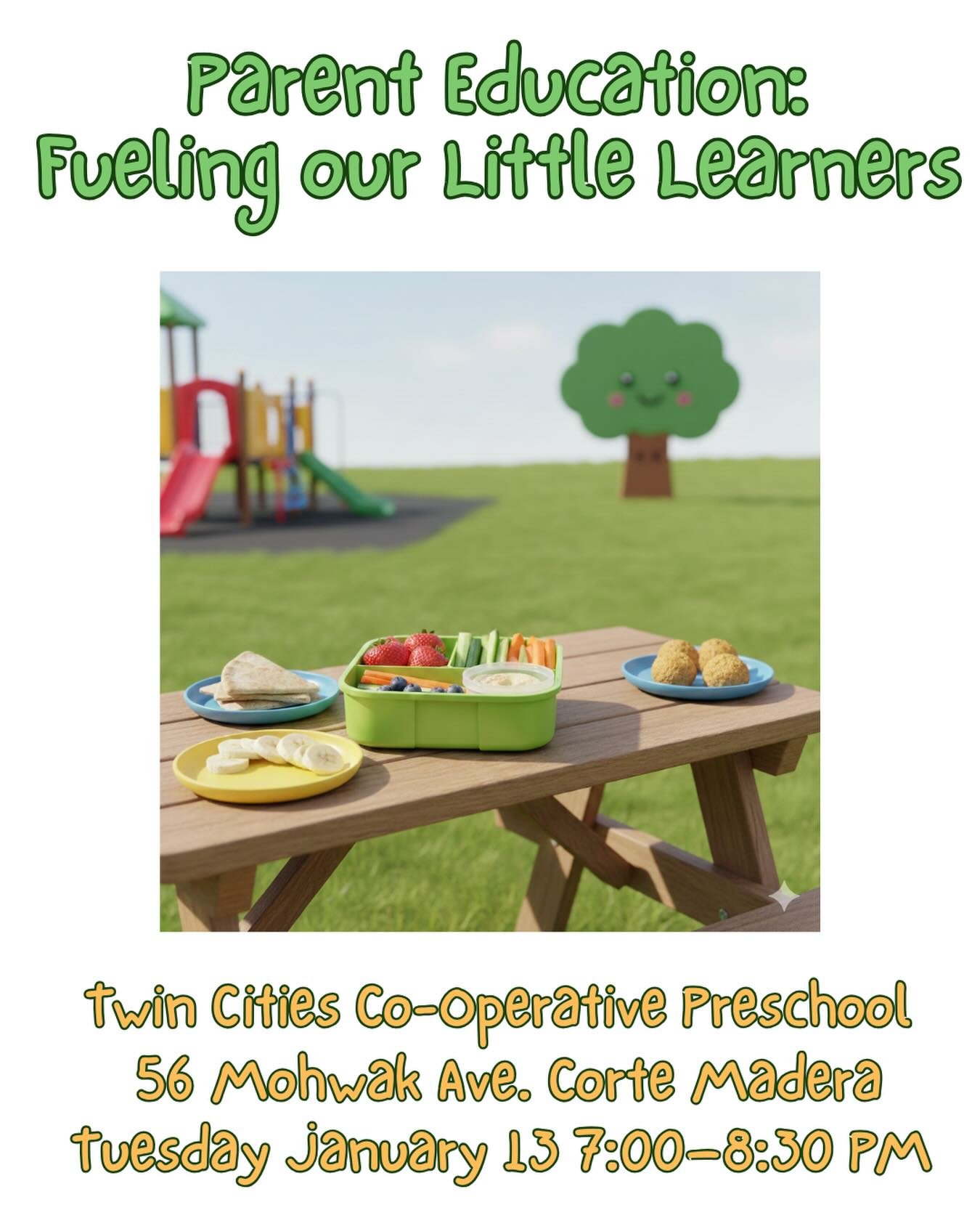 The Twin Cities Co-Operative Preschool will host a parent education night open to all parents and free of charge.
Topic: Fueling Our Little Learners with Chrystal Daher
Time: Tuesday January 13 | 7:00&ndash;8:30 PM 
Location: Twin Cities Co-Operative