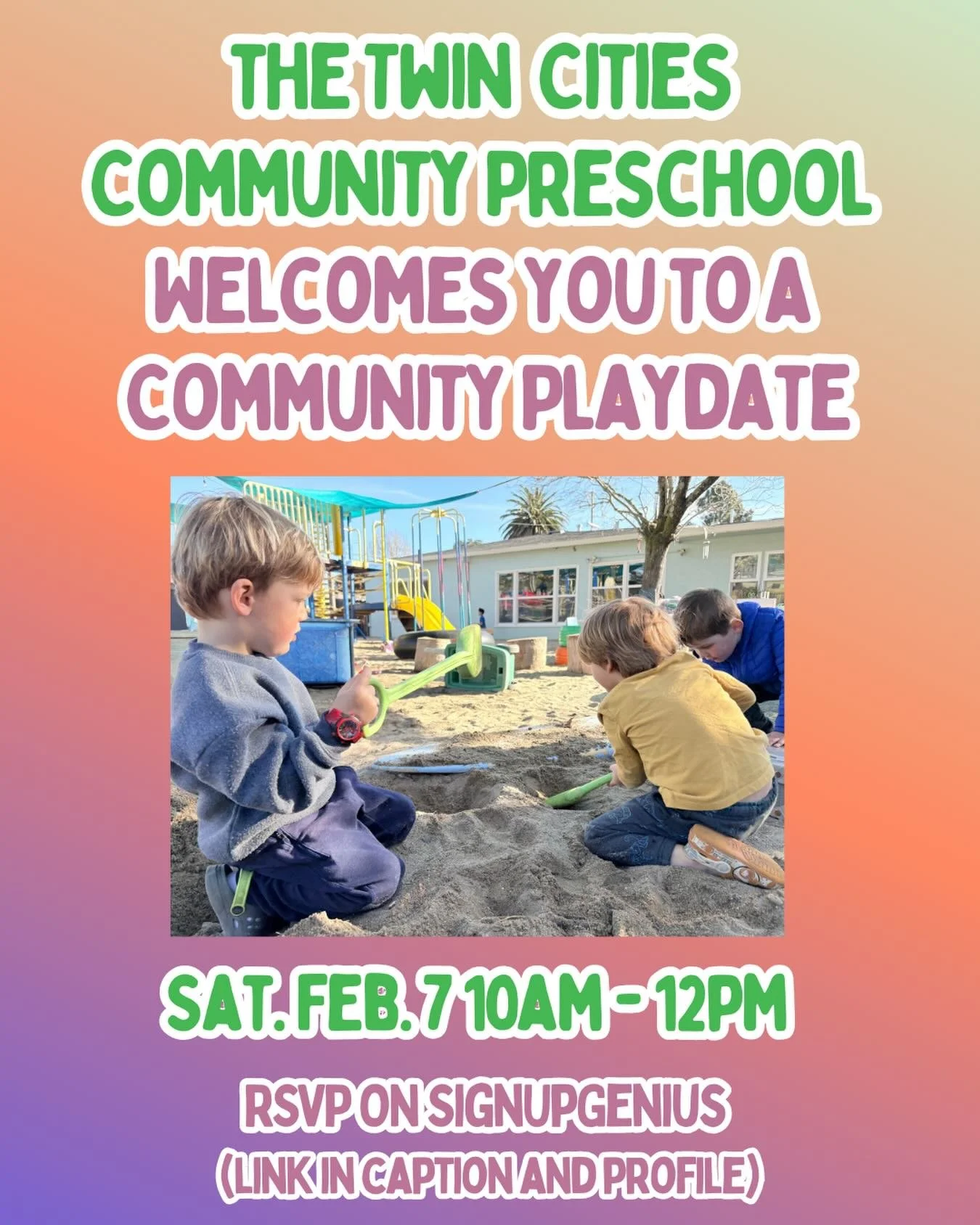 Twin Cities Community Preschool
56 Mohawk Ave. Corte Madera

Saturday February 7, 2026 10:00 am to 12:00 pm

Join us for a fun-filled morning where children can jump, slide, and explore our campus - inside and out - while parents learn about our play