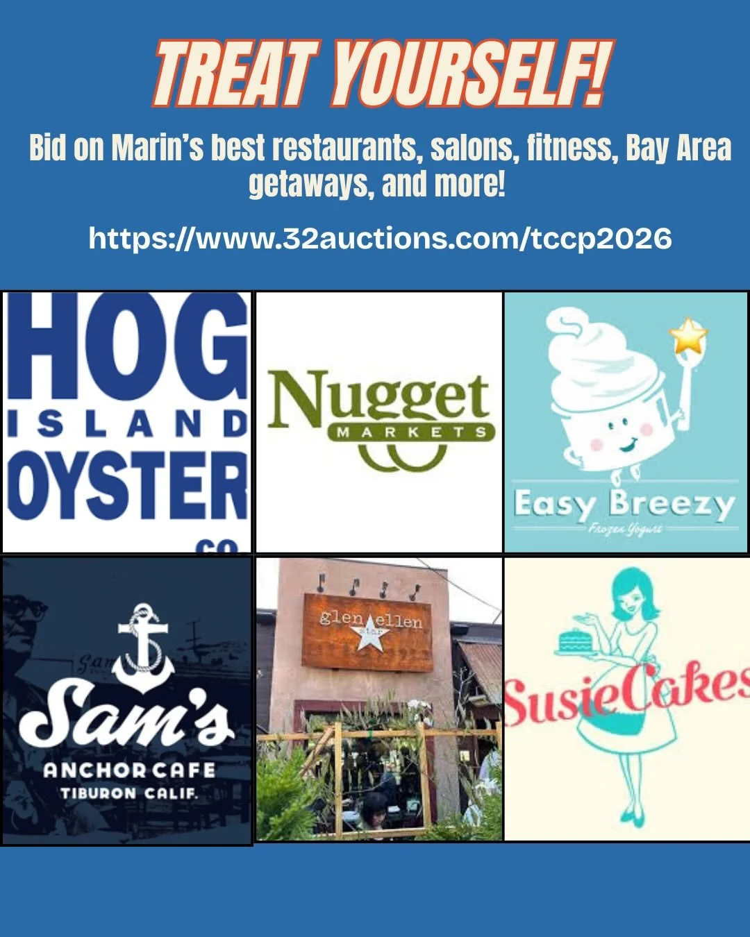 🍷🍽️ Treat Yourself (While Supporting a Great Cause!) 🍽️🍷

Just 4 more days in our Online Auction to get a deal on Marin&rsquo;s best restaurants, salons, fitness, Bay Area getaways, and more! 

Dining:
Sam&rsquo;s Anchor Cafe
Perry&rsquo;s
Hog Is