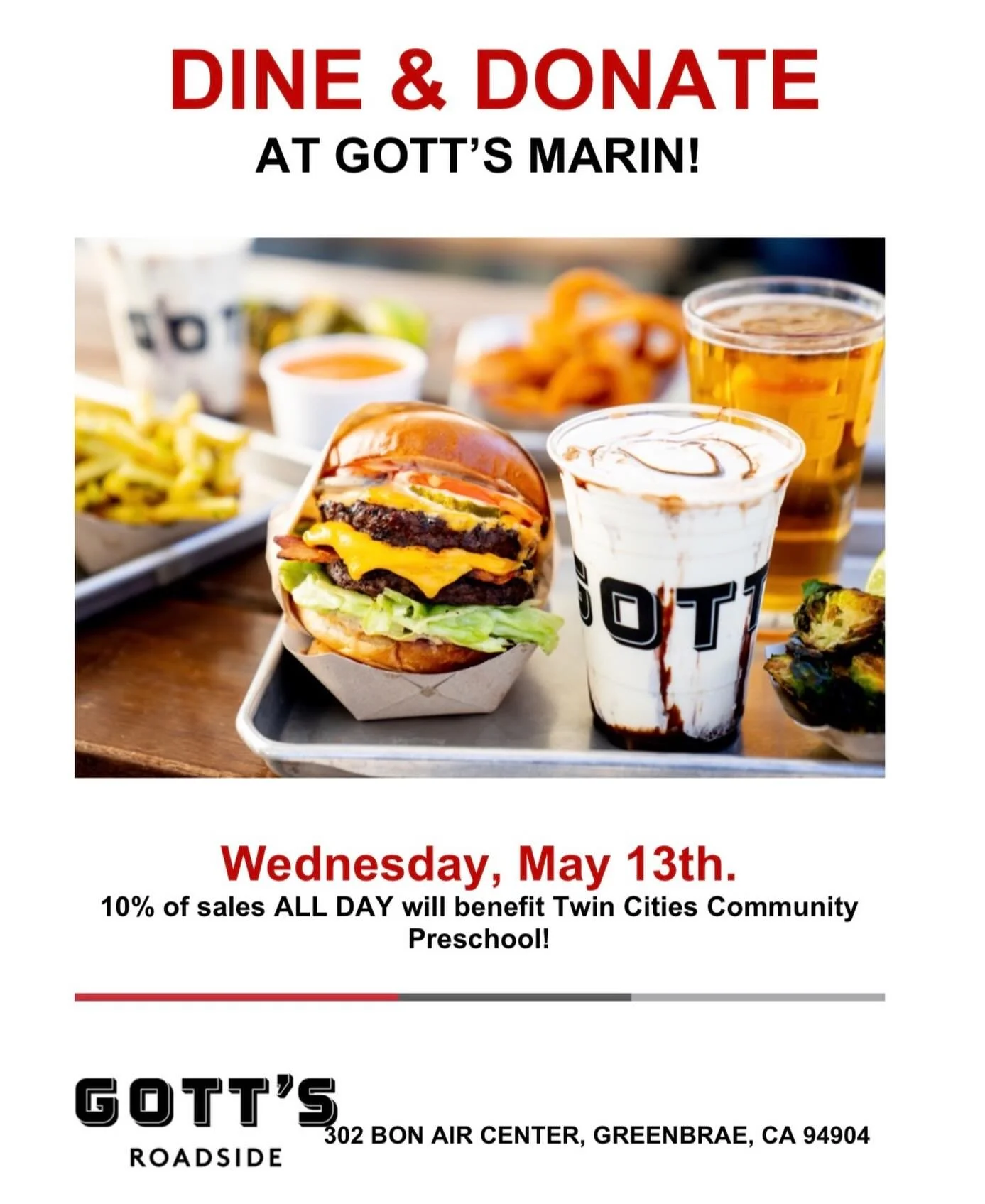 Dine &amp; Donate for Twin Cities Community Preschool 🍔

Join us for an easy (and delicious!) way to support our local co-op preschool community! On Wednesday, May 13th, Gott&rsquo;s Roadside in Greenbrae will donate 10% of all sales&mdash;ALL DAY t