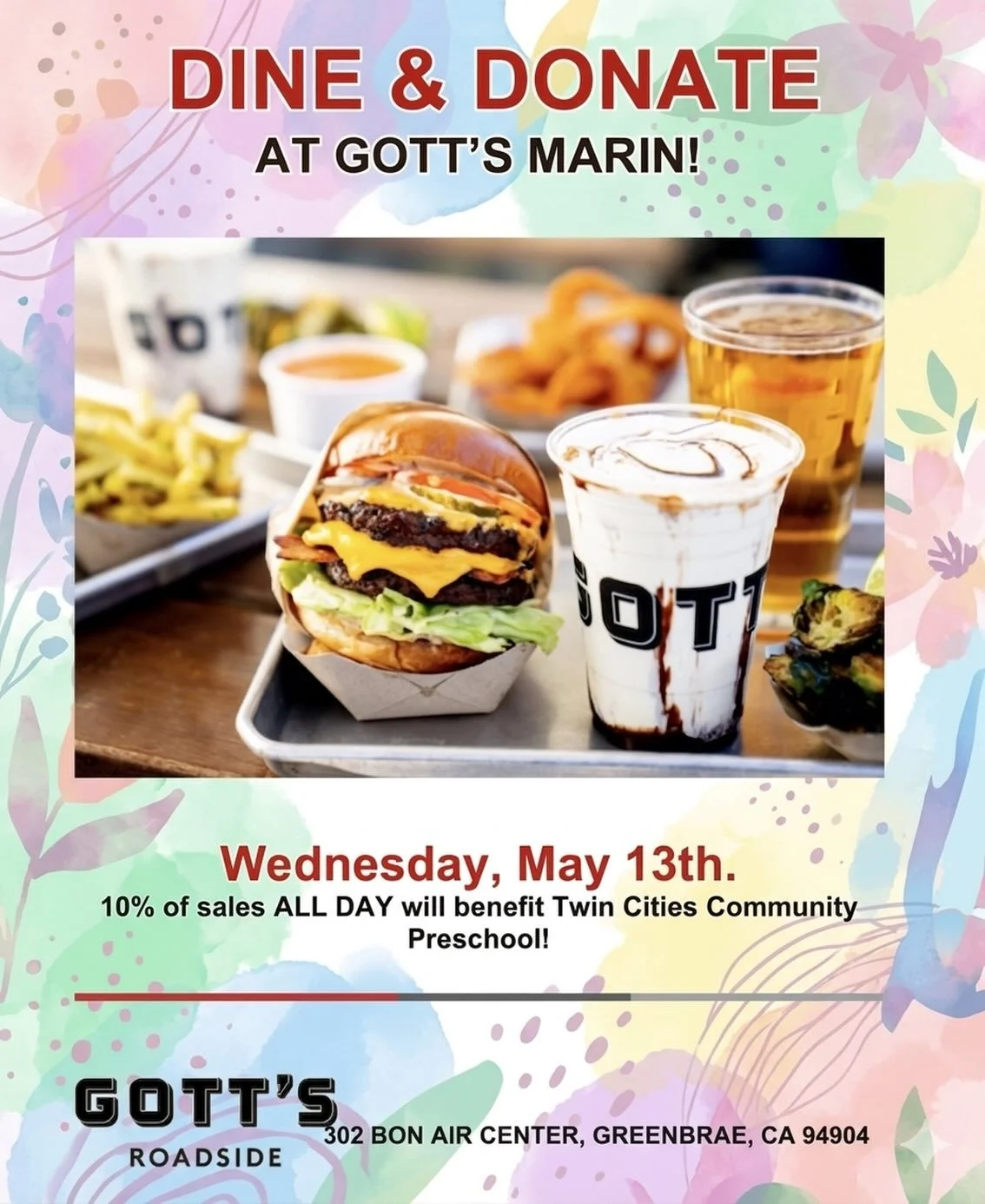 Join us for an easy (and delicious!) way to support our local co-op preschool community! This Wednesday, May 13th, Gott&rsquo;s Roadside in Greenbrae will donate 10% of all sales&mdash;ALL DAY to Twin Cities Community Preschool.

Whether you&rsquo;re