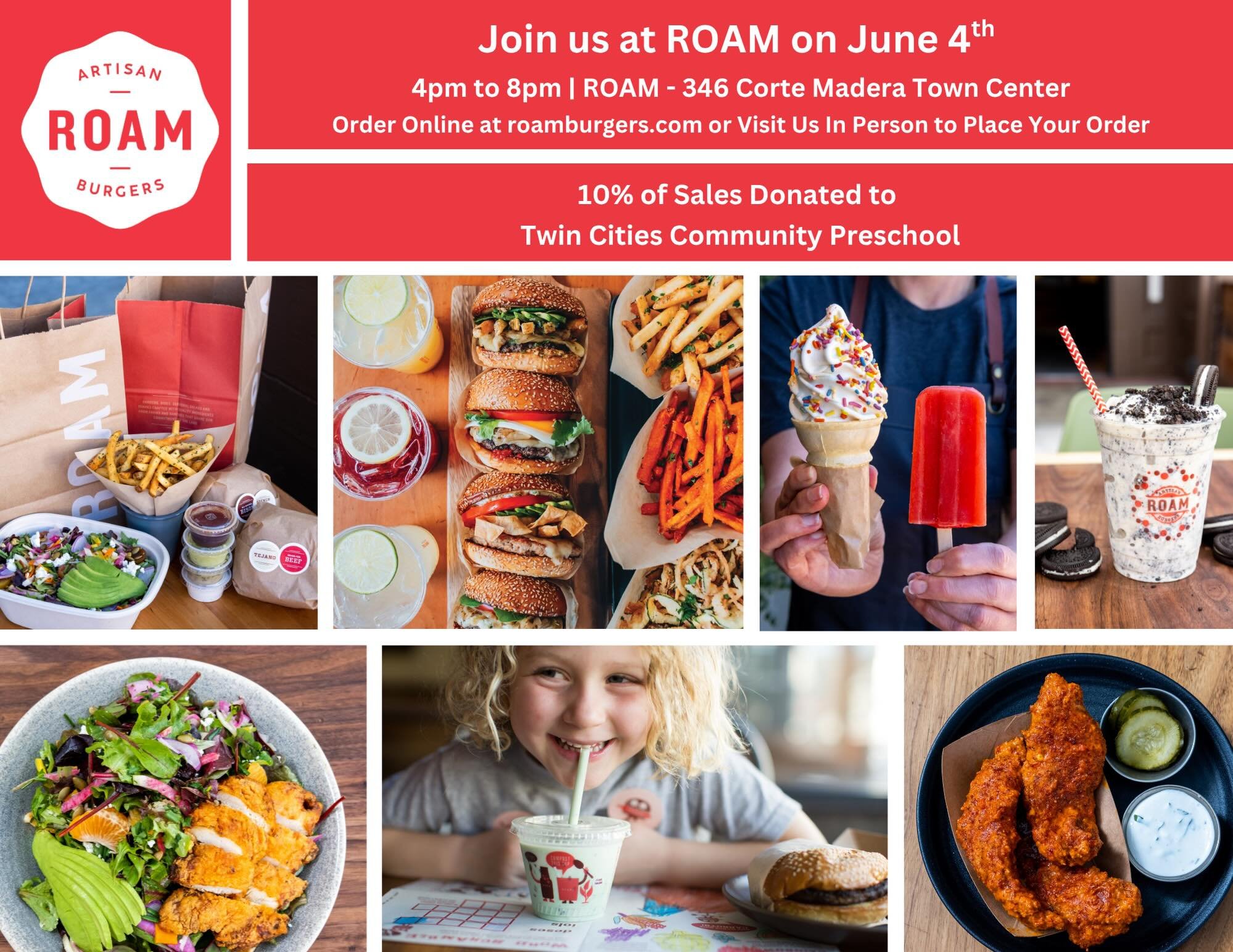 ROAM Dine &amp; Donate is Coming Up! 😋

Support your local co-operative preschool and local businesses! ✨

On Thursday, June 4th from 4-8pm, Roam Burgers 🍔🍴at the Corte Madera Town Center will donate 105 of all sales to the Twin Cities Community P