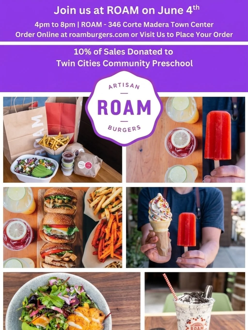 ROAM Dine &amp; Donate is Coming Up! 😋

Support your local co-operative preschool and local businesses! ✨

On Thursday, June 4th from 4-8pm, Roam Burgers 🍔🍴at the Corte Madera Town Center will donate 105 of all sales to the Twin Cities Community P