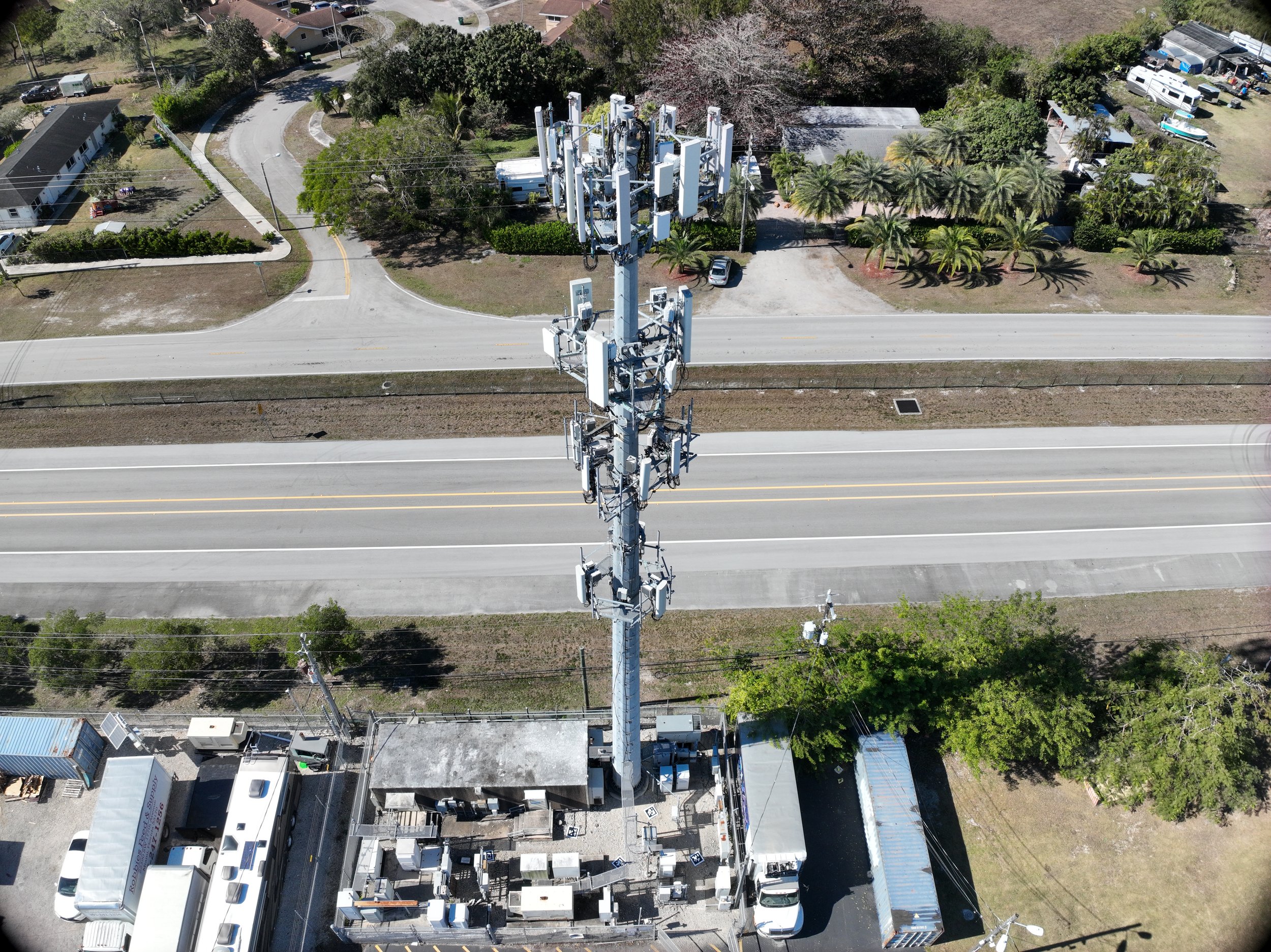 Monopole cell tower inspection in Miami — drone documentation by SAIRS FAA Part 107 certified