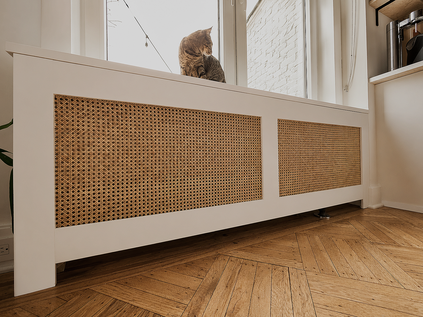 off-white satin finish with rattan panels