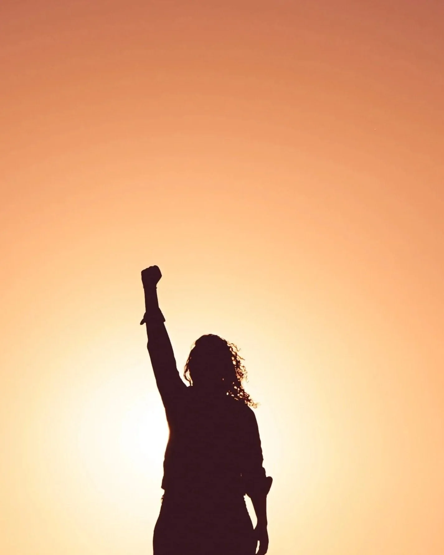Silhouette of a person with curly hair raising their fist in the air against a warm, orange sunset sky.