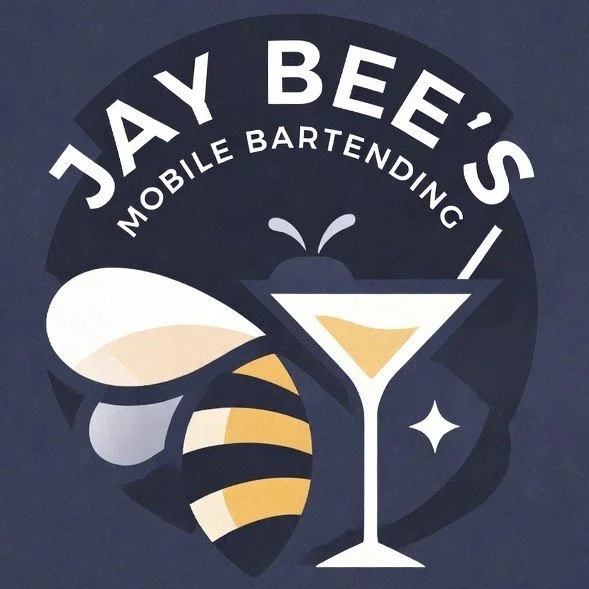 Logo for Jay Bee's Mobile Bartending featuring a honey bee, a cocktail glass with a lemon wedge and an olive, and the text 'JAY BEE'S MOBILE BARTENDING'.