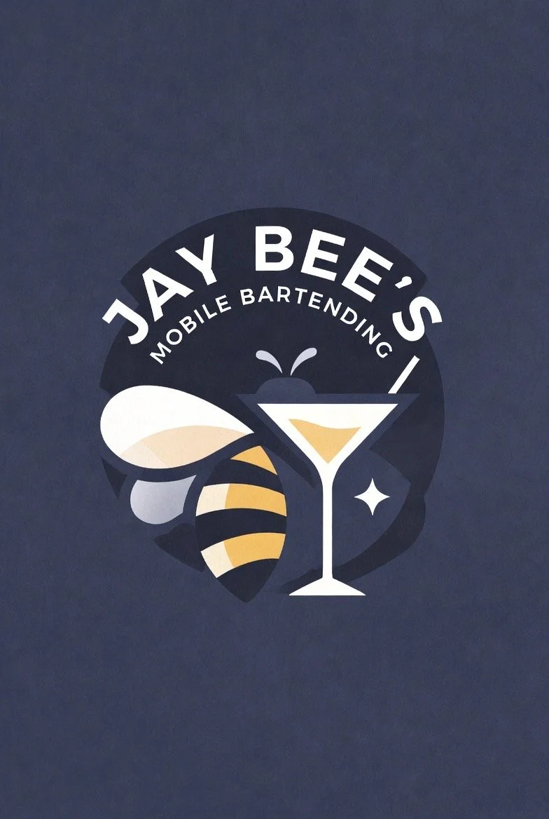 Logo for Jay Bee's Mobile Bartending featuring a bee holding a cocktail glass with lemon and a wing, on a dark background.