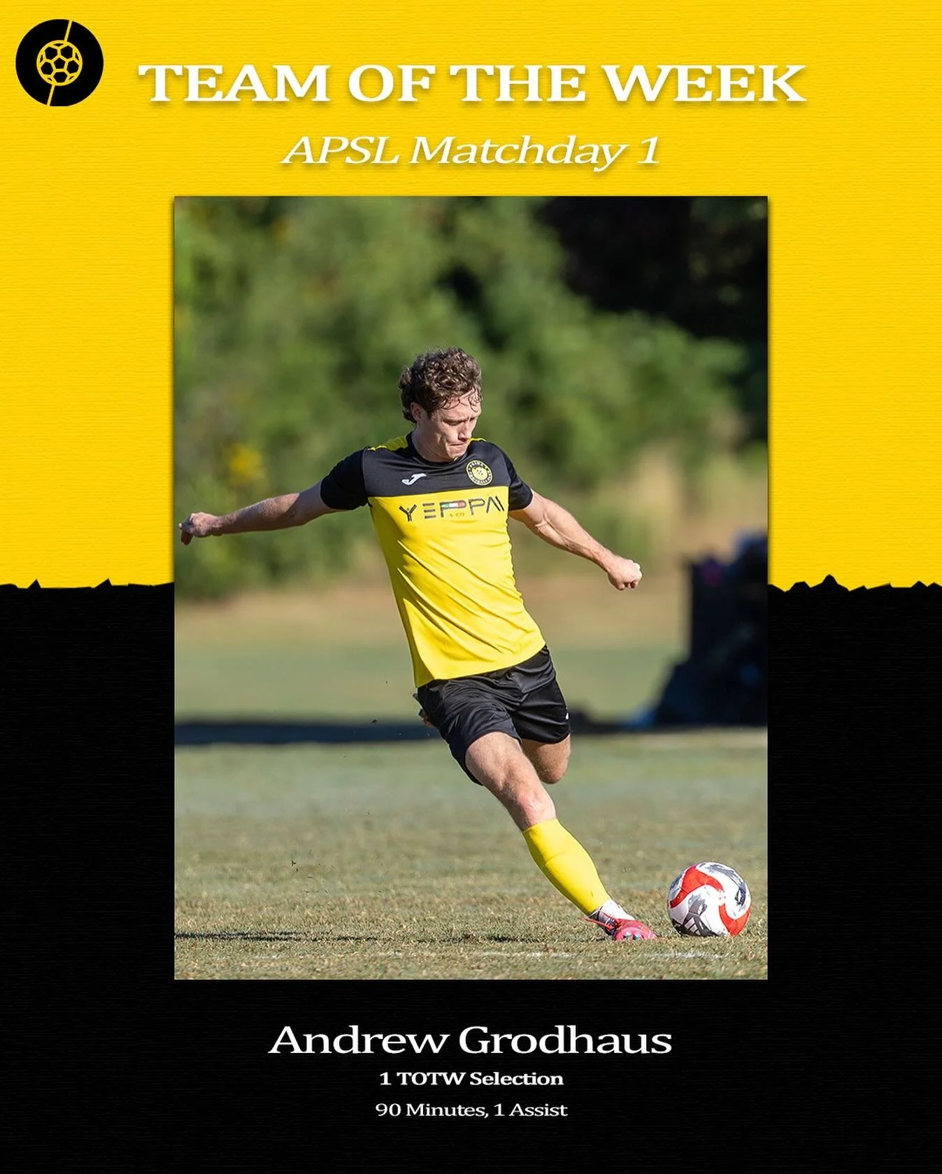 Congratulations to @andrewgrodhaus for being selected to the @apsl.soccer terminus conference team of the week for Matchday 1!