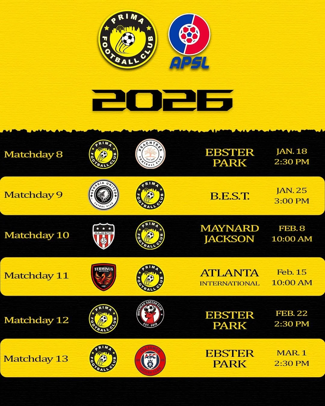 Our spring APSL schedule is here! In addition to our league games, we will be competing in @adasl_soccer &lsquo;s Perrin cup and @georgiasoccer &lsquo;s state cup! Those brackets will be posted when public.