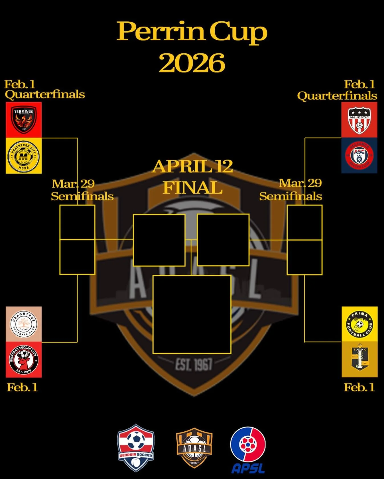 The bracket is set for the @adasl_soccer&rsquo;s Perrin Cup! We begin our campaign against Bel Calcio in the quarter finals on February 1!