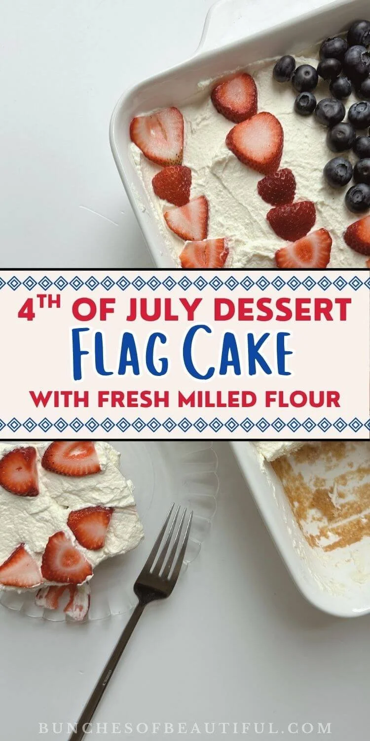4th of July dessert flag cake made with fresh milled flour, whipped topping, blueberries, and strawberries, with a slice served on a plate.
