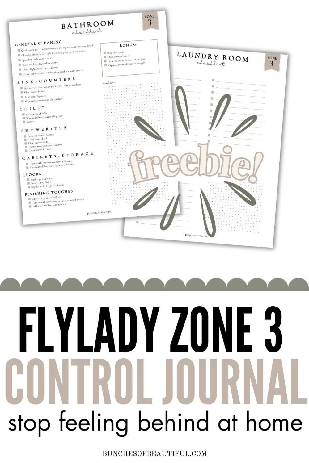 FlyLady Zone 3 control journal printable pin featuring free bathroom and laundry room cleaning checklists.