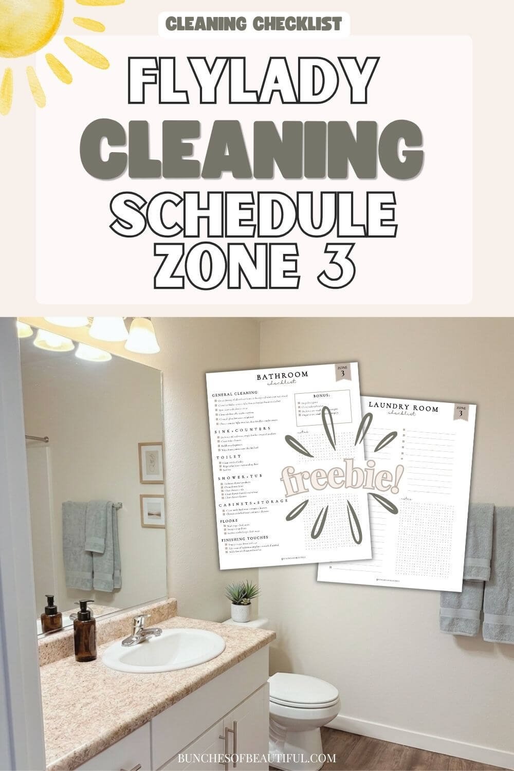 FlyLady cleaning schedule Zone 3 pin featuring free bathroom and laundry room checklist printables.