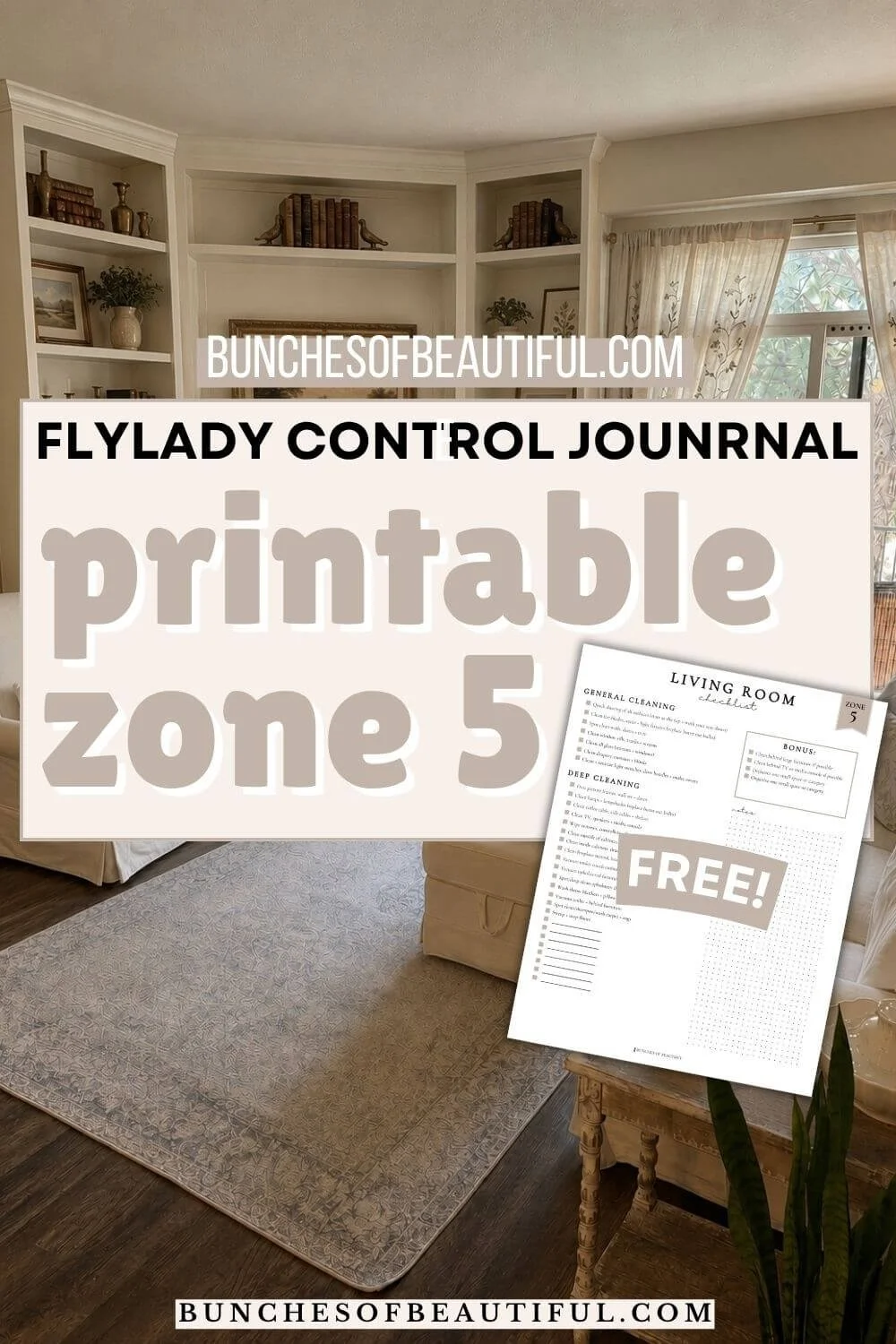 FlyLady control journal printable Zone 5 pin with a living room background and a preview of the free living room cleaning checklist printable.