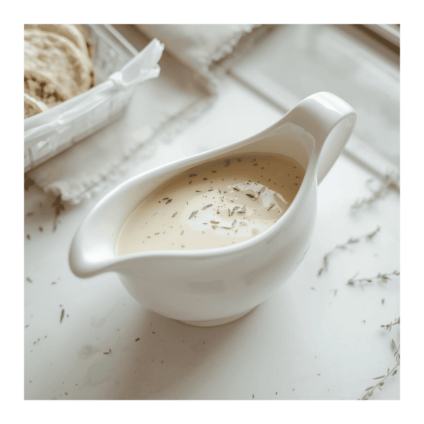 a small ceramic gravy boat with homemade breakfast gravy!