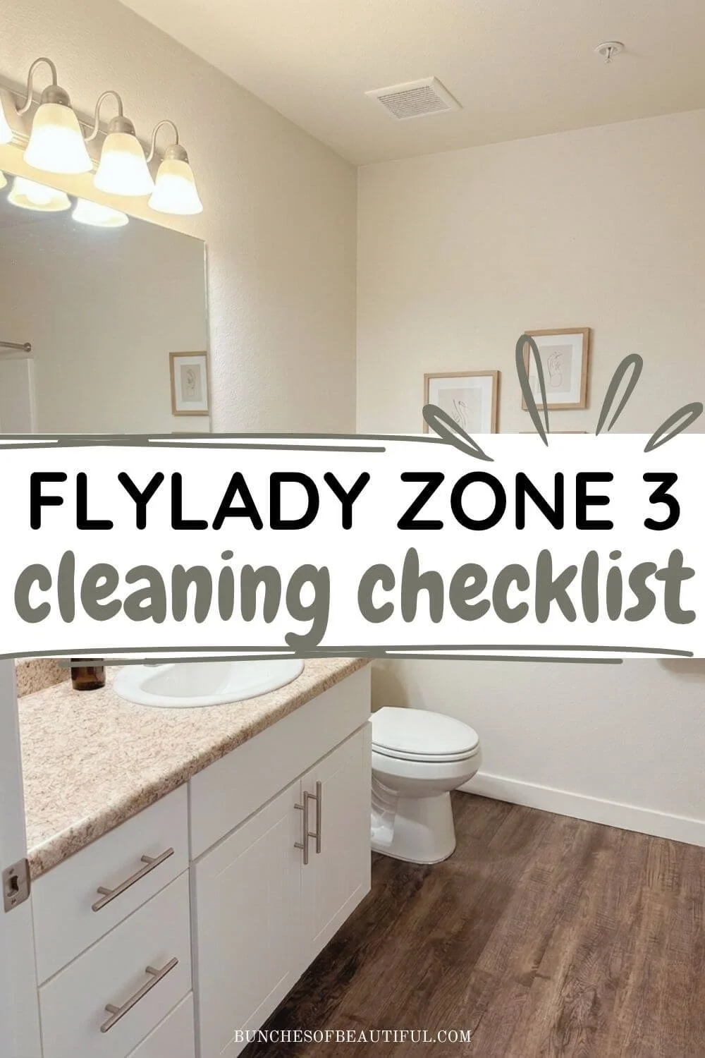 FlyLady Zone 3 cleaning checklist pin with a simple bathroom background and bold title text.