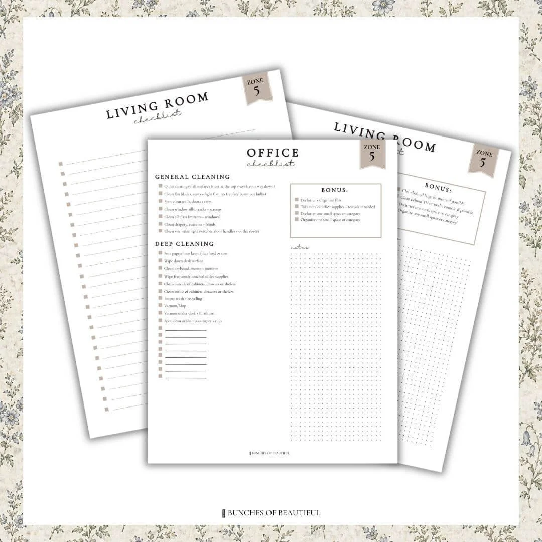 FlyLady Control Journal Zone 5 printable preview with living room and office cleaning checklist pages layered on a floral background.