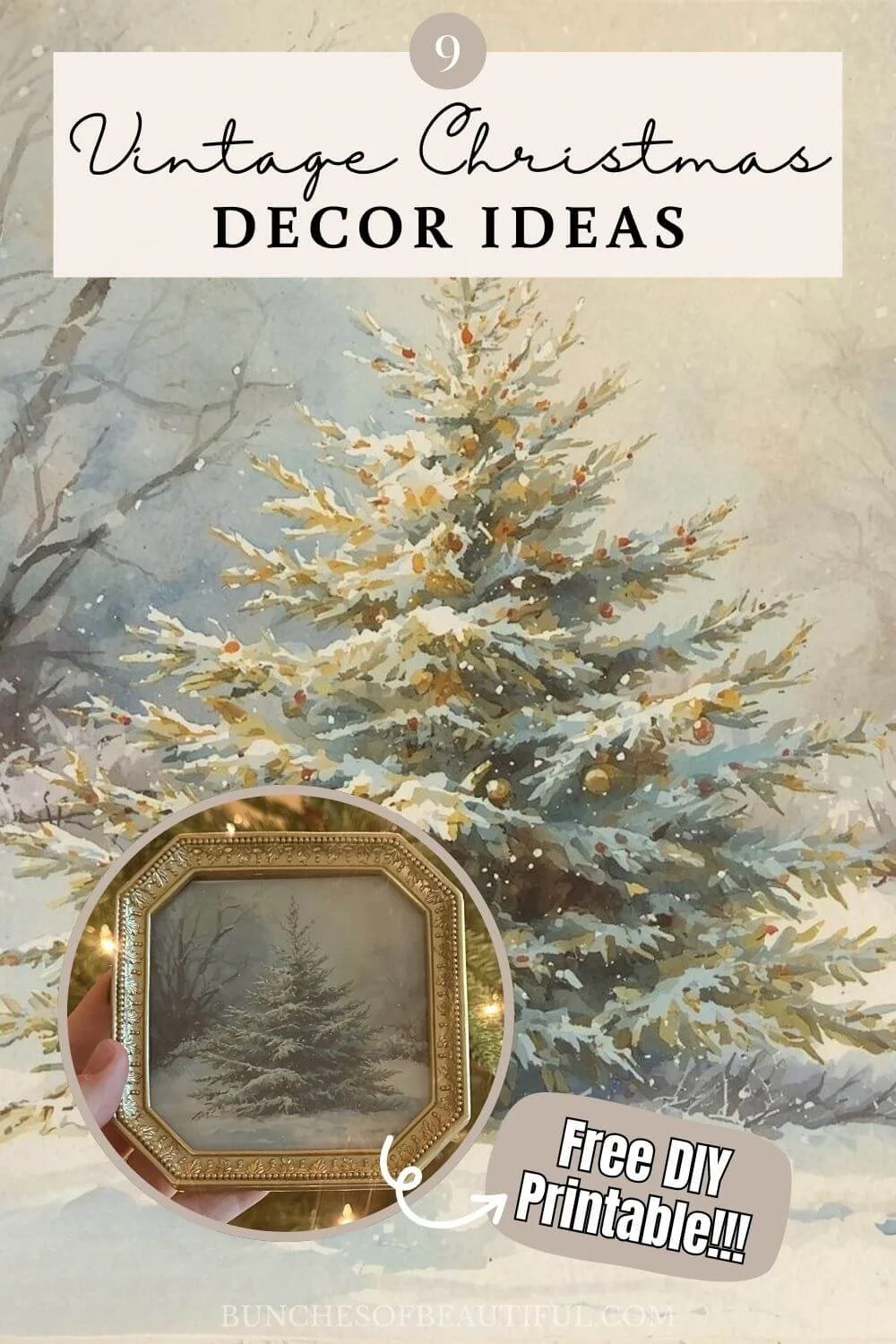 Vintage Christmas tree artwork with soft muted colors, shown with a small framed winter tree illustration for simple holiday decor inspiration.