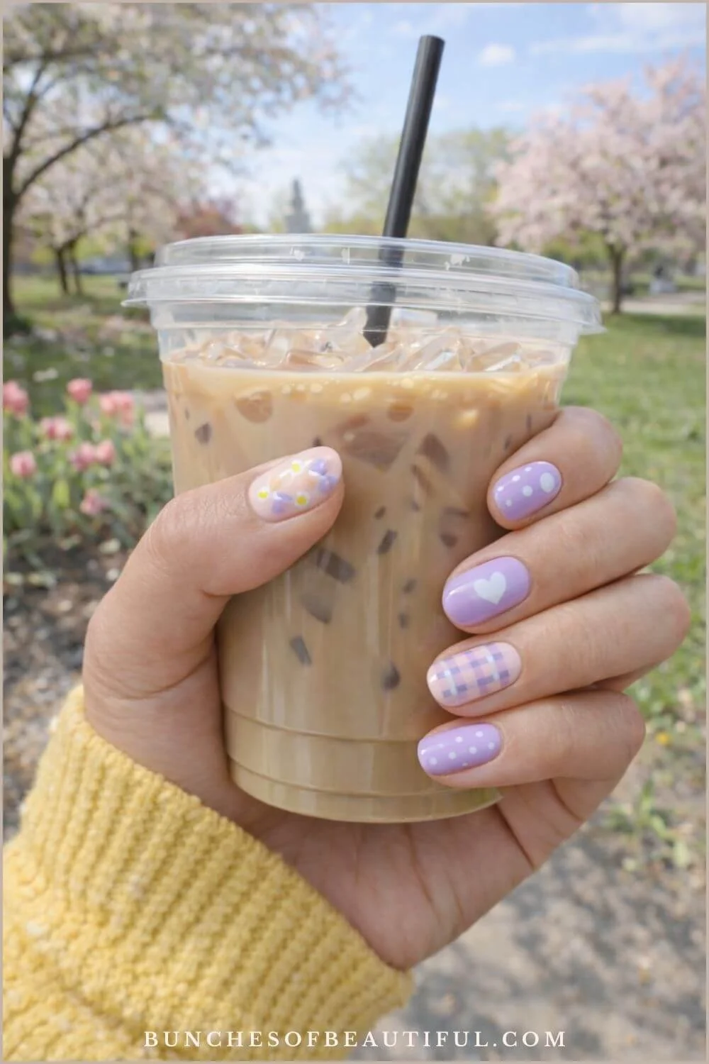 Lavender purple spring nails with mixed nail art including polka dots, gingham, flowers, and heart design while holding an iced coffee outdoors.
