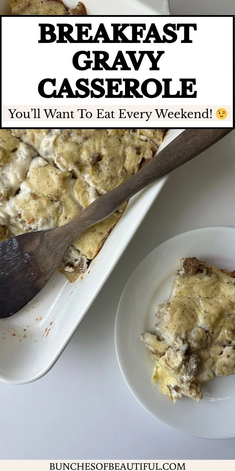 Breakfast gravy casserole with sourdough bread, eggs, and sausage baked in a white dish