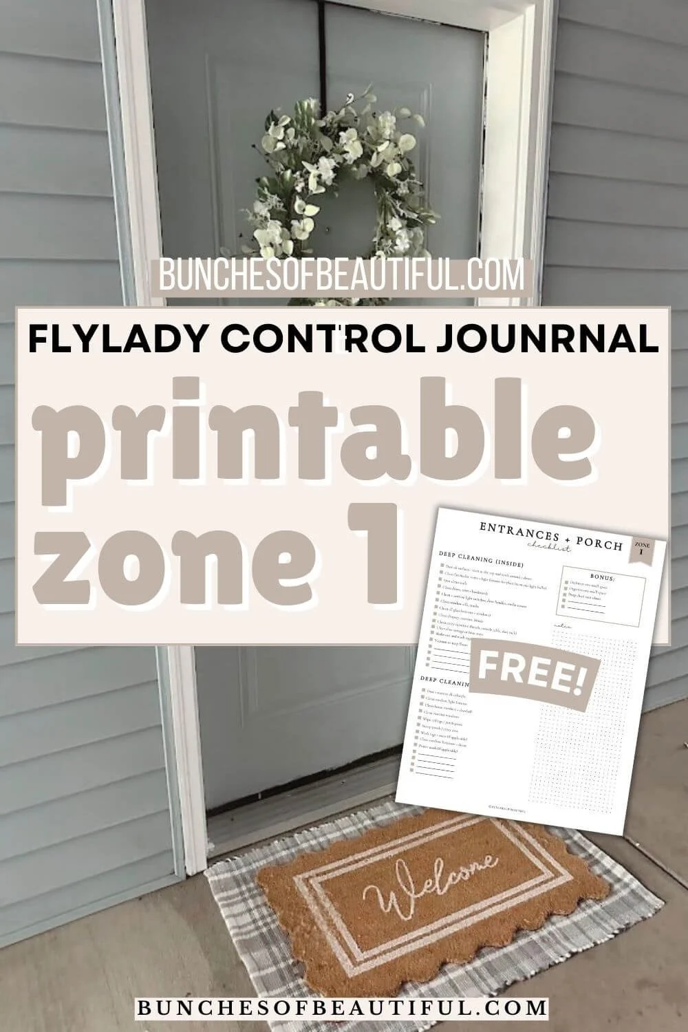 FlyLady Zone 1 printable checklist displayed over a clean front porch with a welcome mat and wreath on the door. The printable includes deep cleaning tasks for entrances and porches and is labeled as a free download.