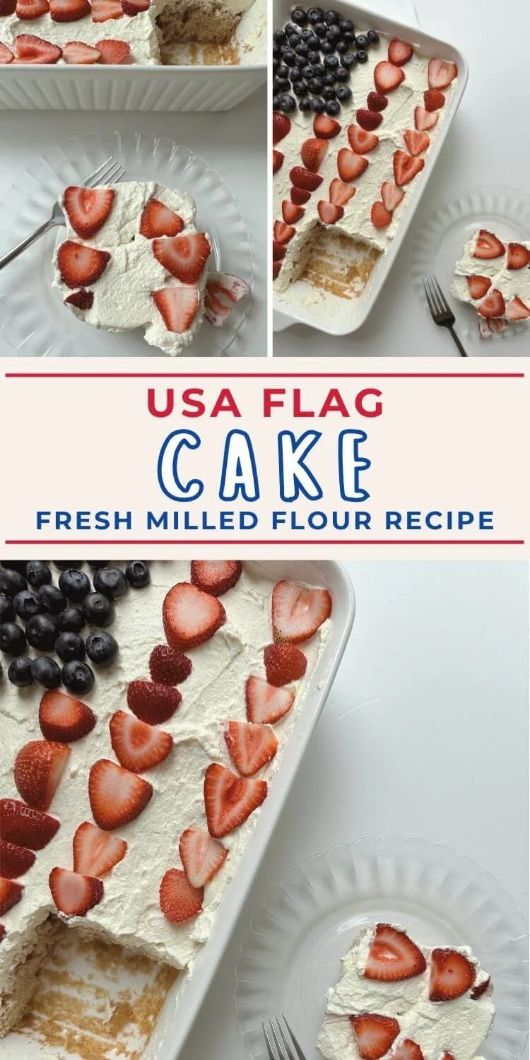 USA flag cake with fresh milled flour, vanilla whipped topping, blueberries, and sliced strawberries, shown in a collage with a served slice.