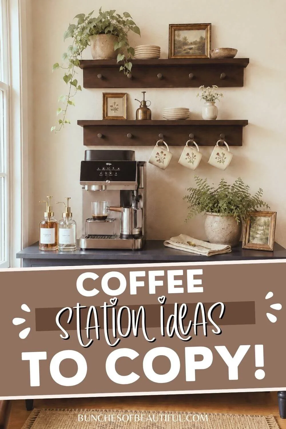 Cottage coffee station on a dark sideboard with an espresso machine, syrup bottles, hanging floral mugs, wood peg shelves, plants, pottery, and framed art.