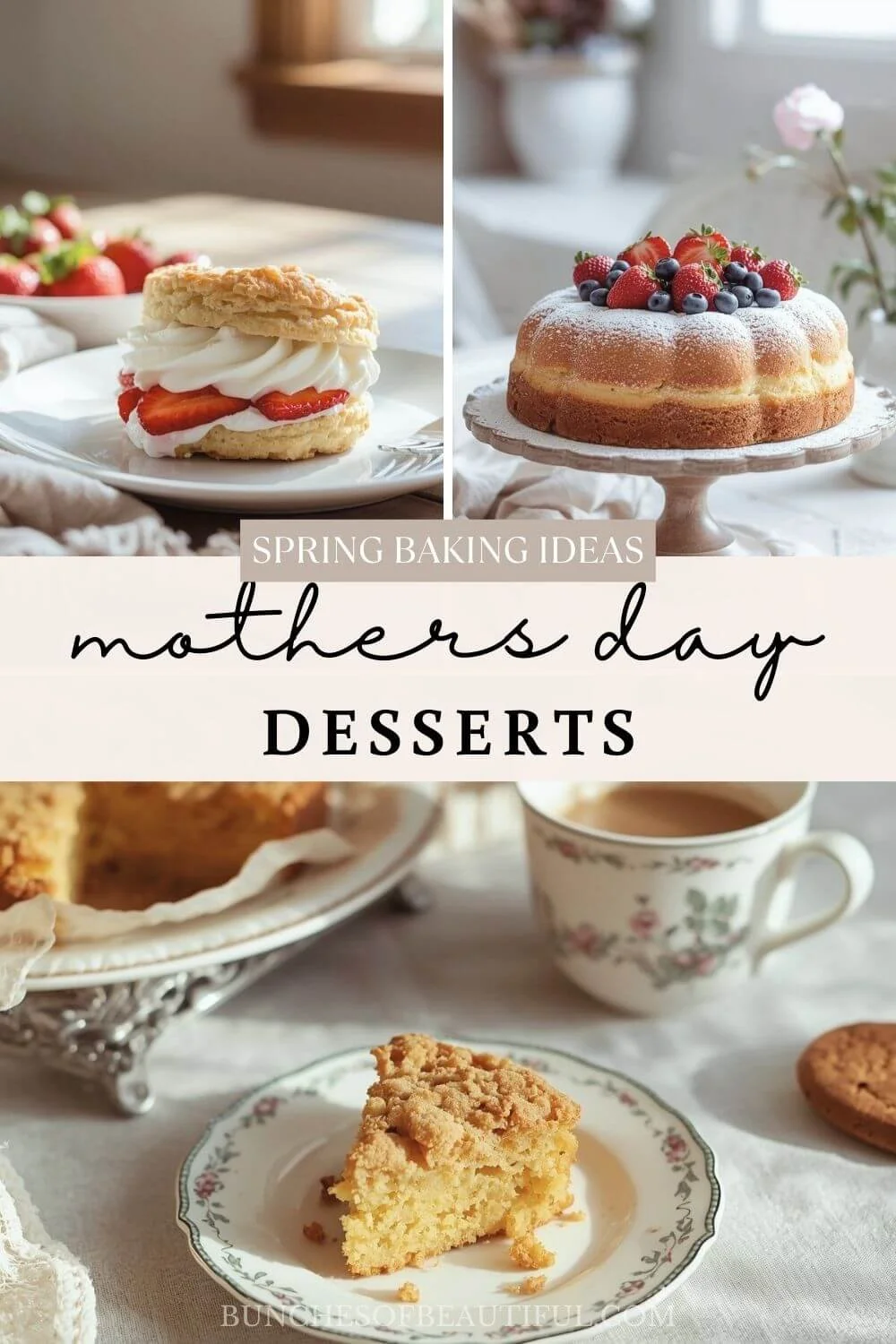 an assortment of mothers day desserts and the text: spring baking ideas mothers day desserts