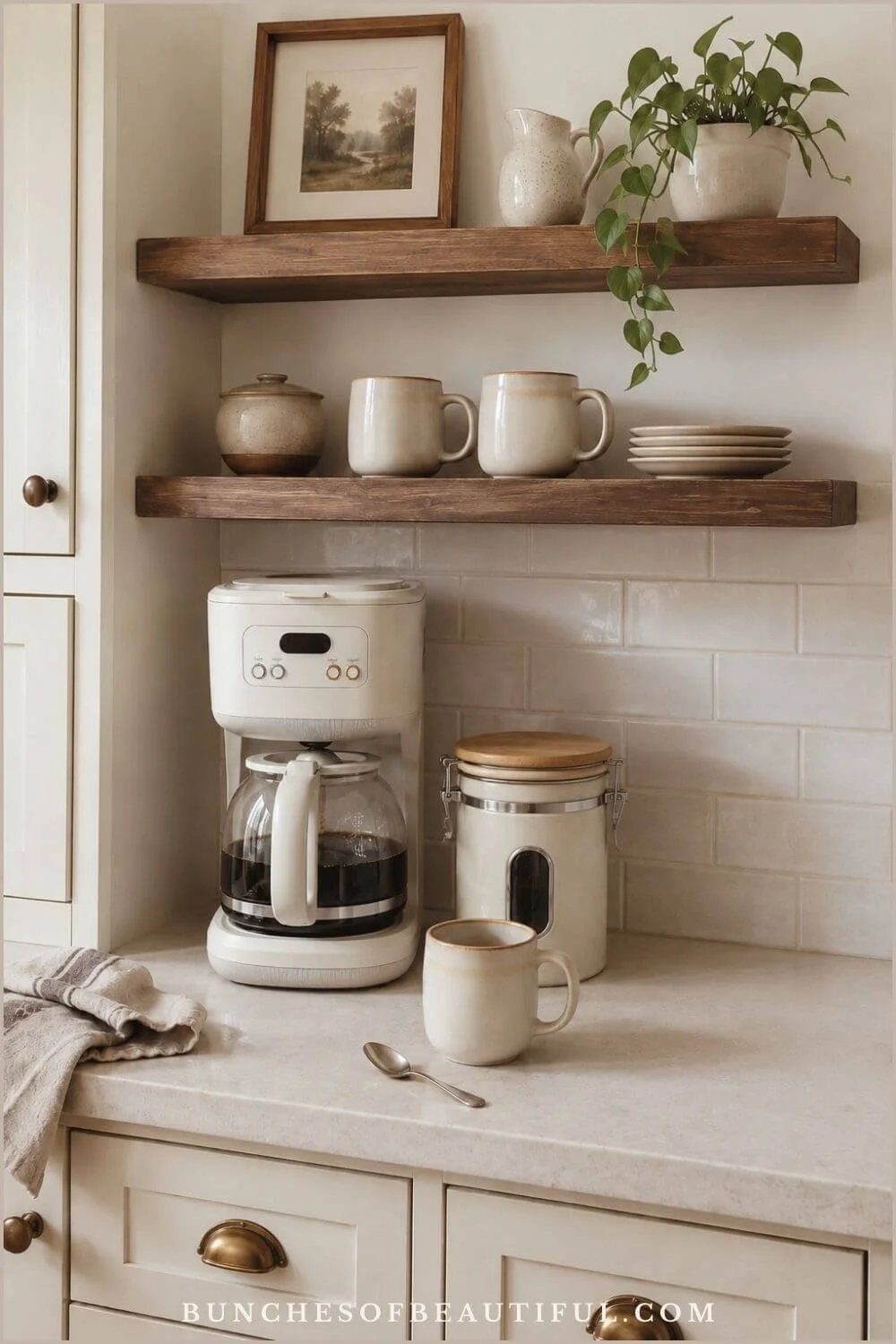 Kitchen counter with a cream drip coffee maker beneath two wood floating shelves holding pottery mugs, plates, artwork, and a trailing plant.