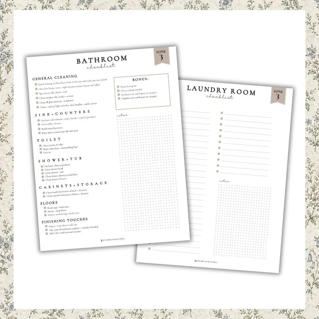 FlyLady Zone 3 bathroom checklist and laundry room checklist printables displayed on a soft floral background.