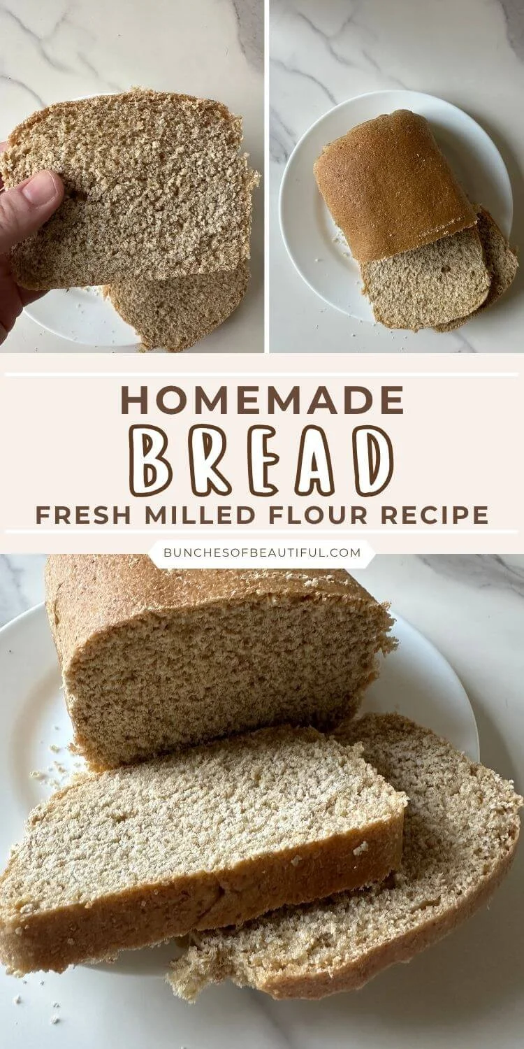 Homemade fresh milled flour bread loaf with sliced bread on a plate and text that reads Homemade Bread Fresh Milled Flour Recipe.