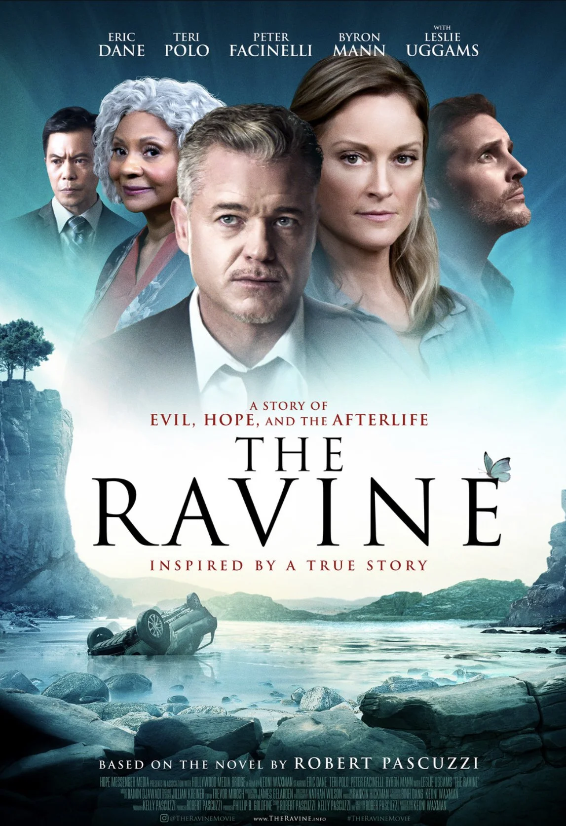 A movie poster for 'The Ravine' featuring the faces of five actors at the top, with a landscape showing a river, rocky cliffs, and a car overturned in the water below, and a butterfly near the title.