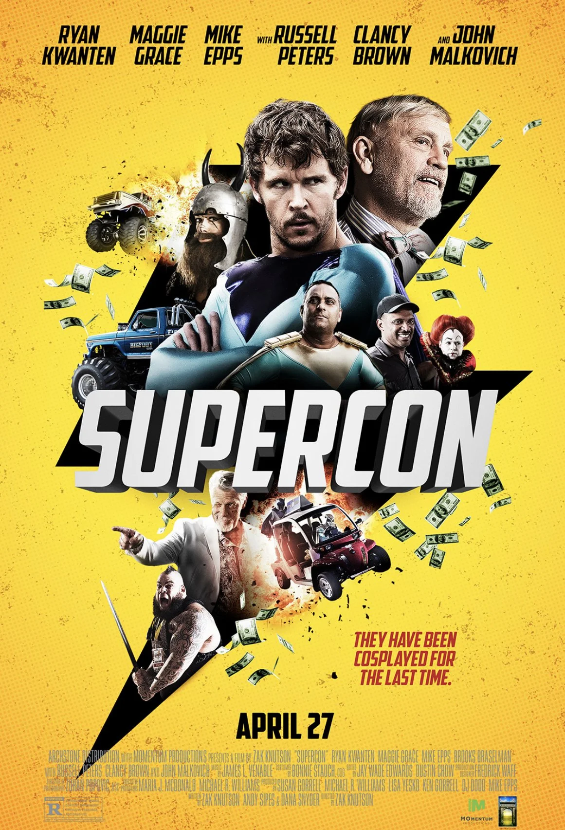 Movie poster for "Supercon" featuring actors Ryan Kwanten, Maggie Grace, Mike Epps, Russell Peters, Clancy Brown, and John Malkovich. The poster has a bright yellow background with various characters, vehicles, and money flying around. The title "Sup